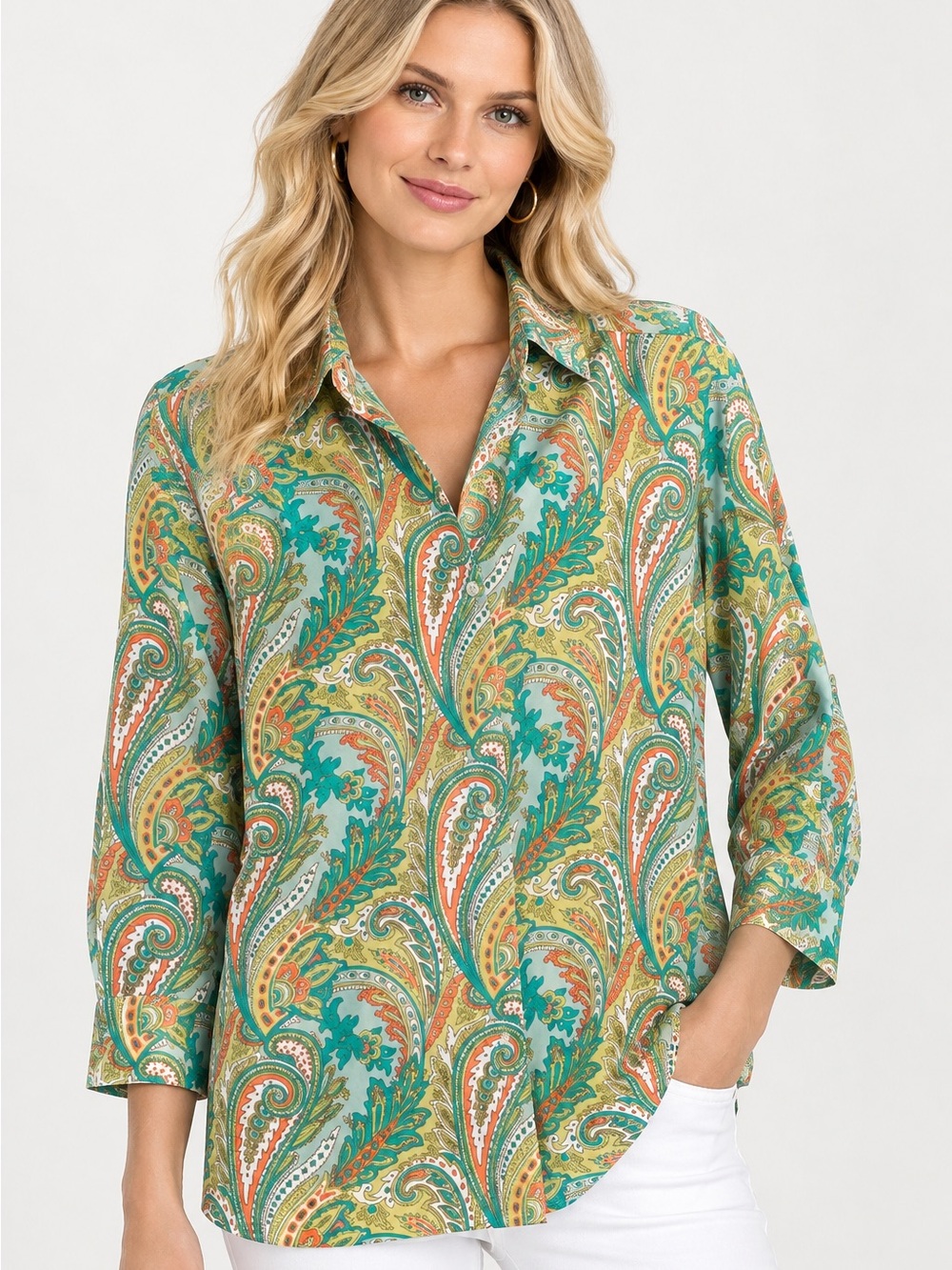 Lands' End Ladies Teal, Orange & Green, white Paisley Button-Down Shirt 18W